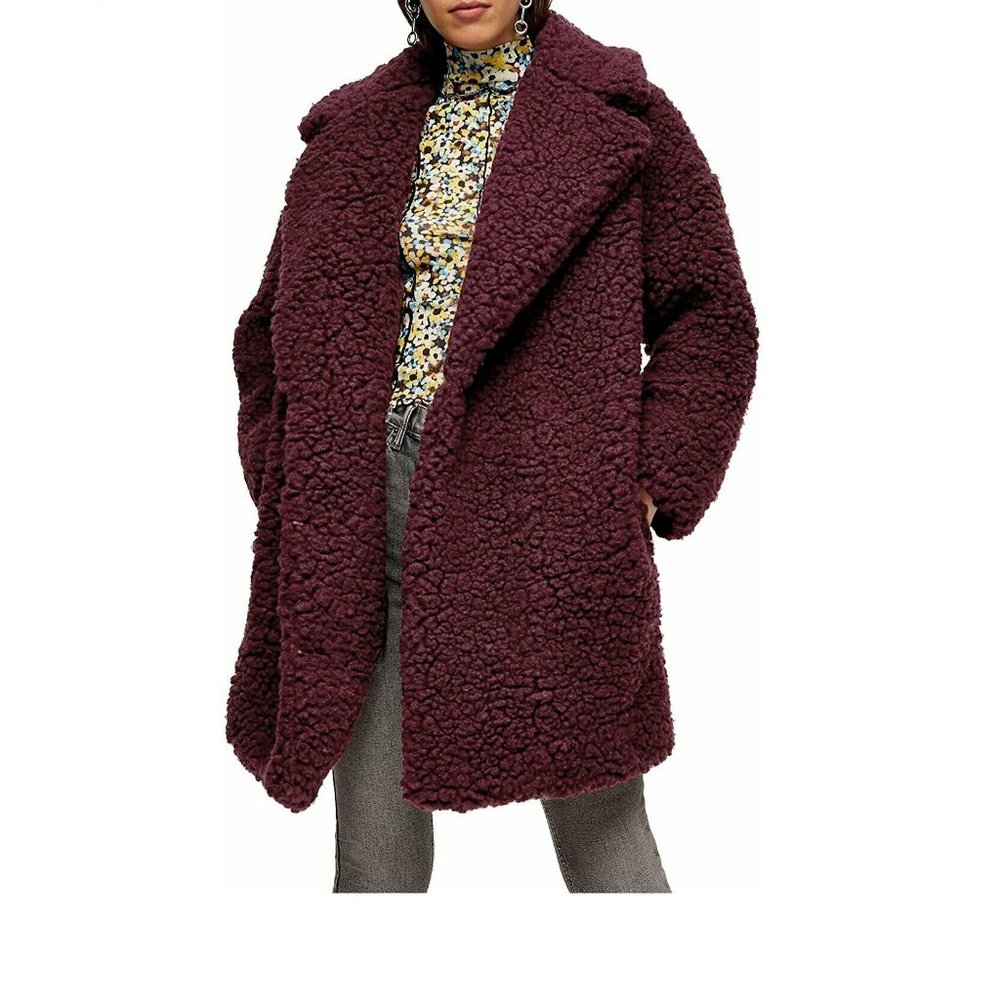 Topshop Women's Frenchy Big Borg Coat - Size 6 | Burgundy